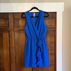 Pink Owl Sleeveless Royal Blue Ruffle Wrap Mini Dress